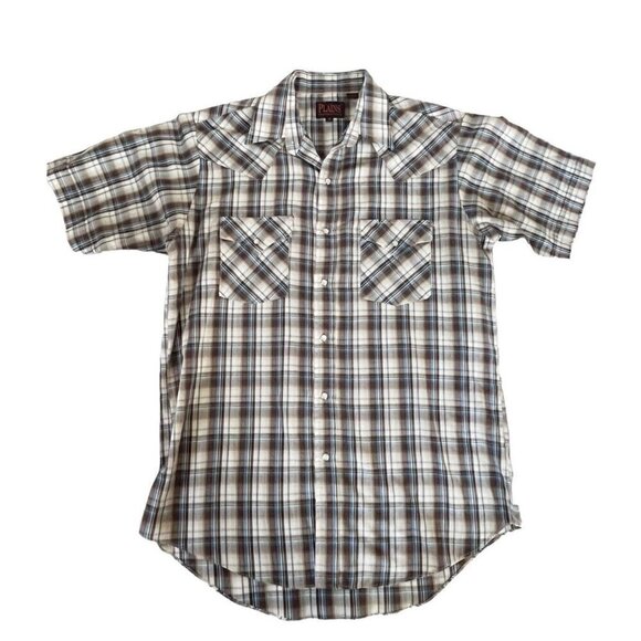 Plains Western Wear Men’s Sz M Brown & Blue Short Sleeve Pearl Snap Shirt - Picture 8 of 8